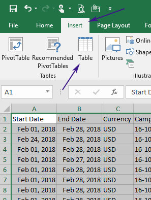 How to create a table in Excel.