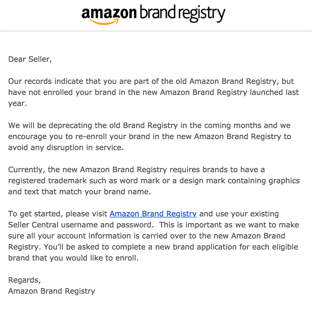 Amazon brand registry grandfathered deprecating
