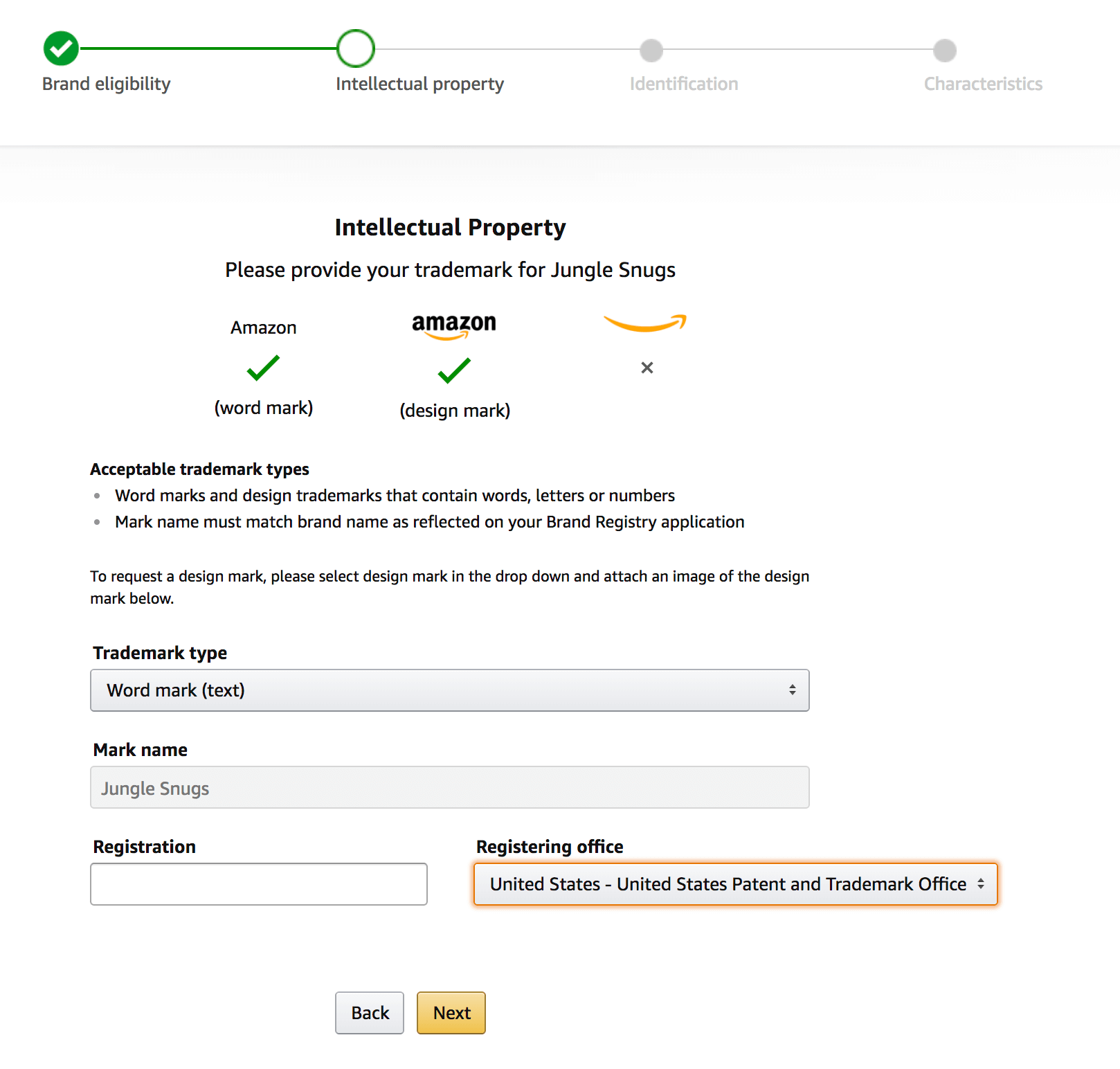Step 2 - entering the brand registry
