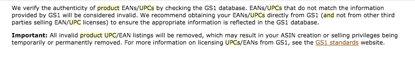 text from amazon's product UPCs and GTINs policy page